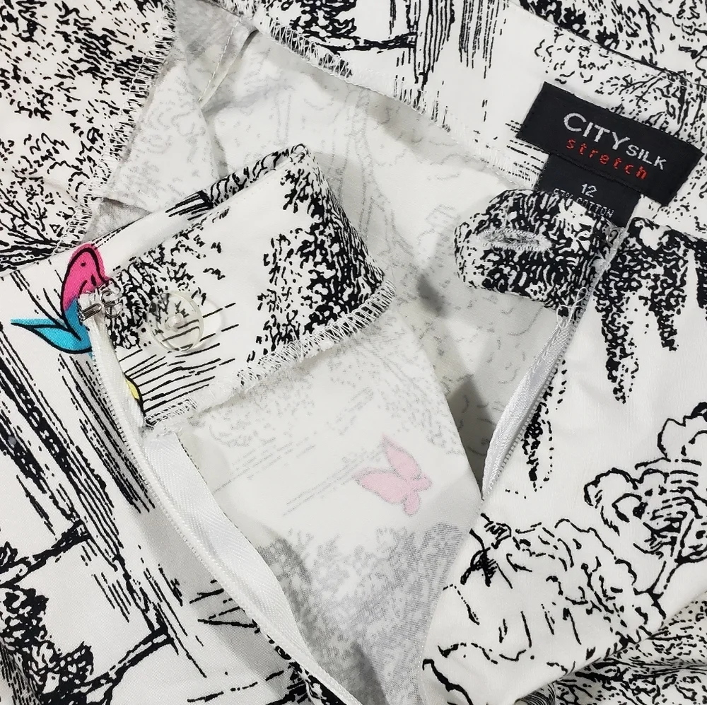 City Silk Stretch Pencil Mini Skirt Size 12 Colorful Butterfly Tree Print Cotton - Picture 6 of 11